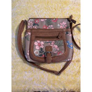 Mylrisac Vintage Floral Crossbody Bag | Brown Leather Trim | Multi-Pocket Design